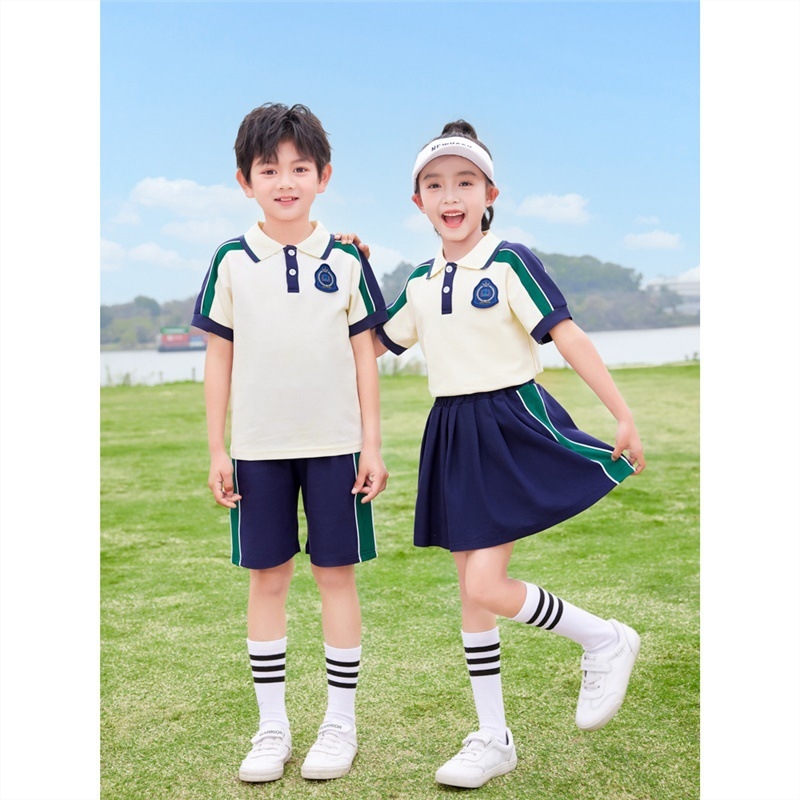Set de uniformă școlară din bumbac pur pentru grădiniță și elevi din primar – tricou cu mânecă scurtă, stil sport, pentru fotografii de absolvire