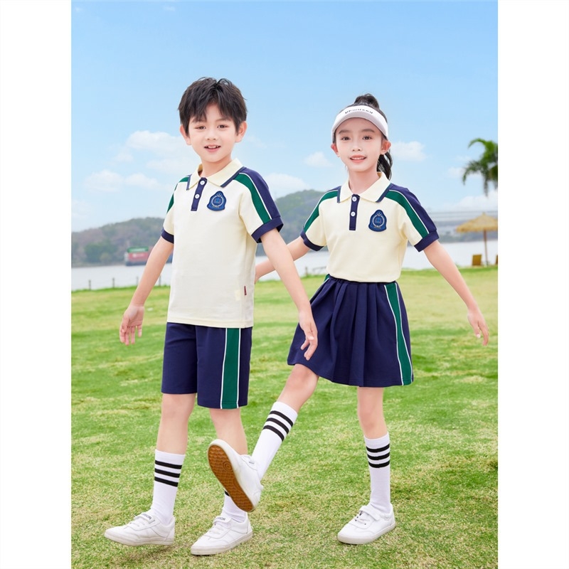 Set de uniformă școlară din bumbac pur pentru grădiniță și elevi din primar – tricou cu mânecă scurtă, stil sport, pentru fotografii de absolvire