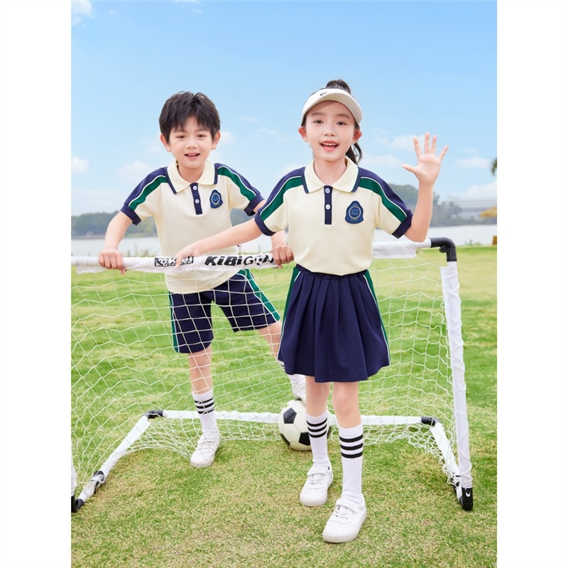 Set de uniformă școlară din bumbac pur pentru grădiniță și elevi din primar – tricou cu mânecă scurtă, stil sport, pentru fotografii de absolvire