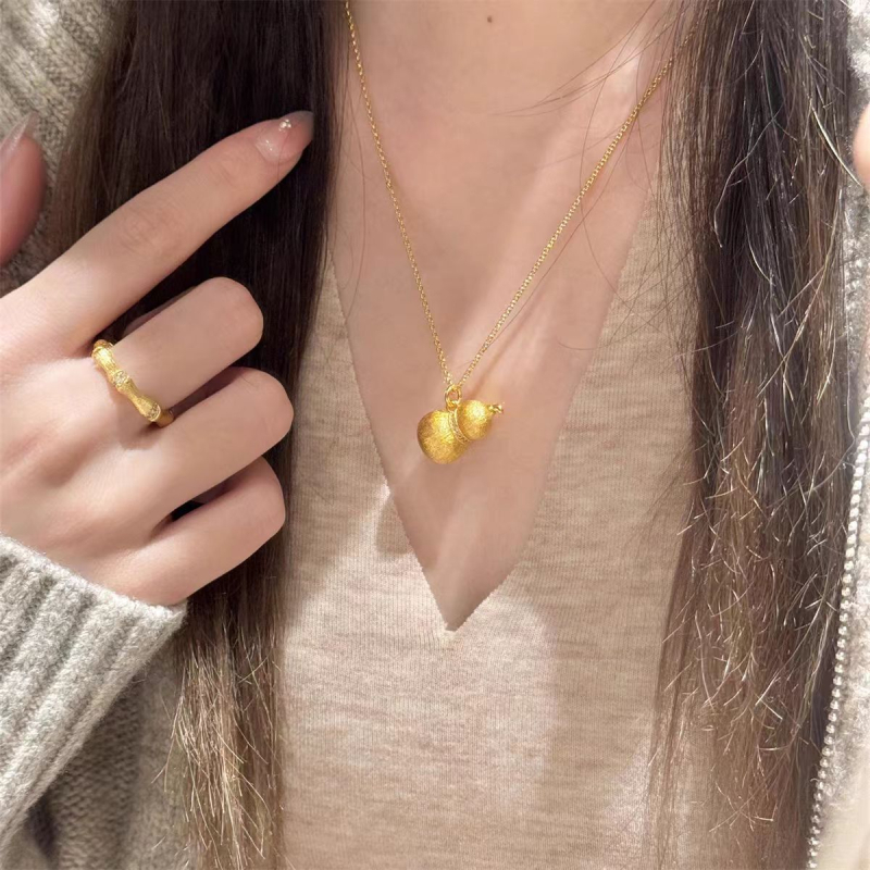 Colier cu pandantiv în formă de dovleac, finisaj periat, stil chinezesc elegant, finisaj antic aur nisipiu, culoare rezistentă la decolorare, lanț clavicular, lungime 41–50 cm