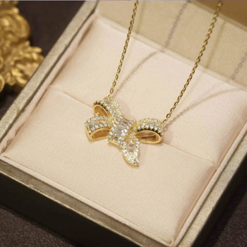 Colier cu nod în formă de fundă, cu diamante complete, pentru femei; lanț pentru claviculă cu diamante baguette; accesoriu delicat și elegant în stil vedetă