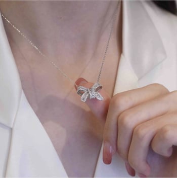 Colier cu nod în formă de fundă, cu diamante complete, pentru femei; lanț pentru claviculă cu diamante baguette; accesoriu delicat și elegant în stil vedetă