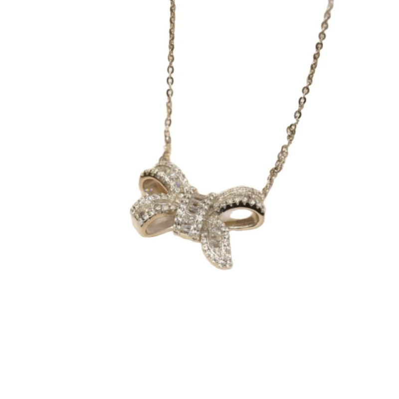 Colier cu nod în formă de fundă, cu diamante complete, pentru femei; lanț pentru claviculă cu diamante baguette; accesoriu delicat și elegant în stil vedetă