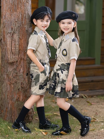 Set uniformă școlară pentru copii, camuflaj, tricou cu mânecă scurtă și pantaloni – două piese