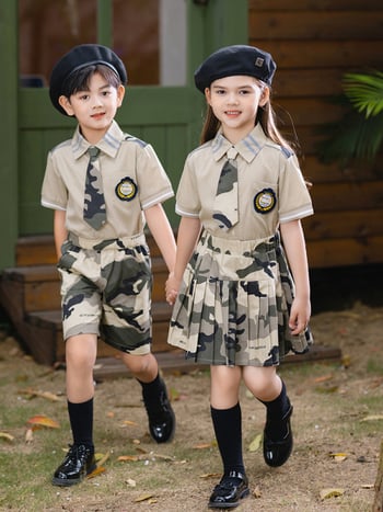 Set uniformă școlară pentru copii, camuflaj, tricou cu mânecă scurtă și pantaloni – două piese