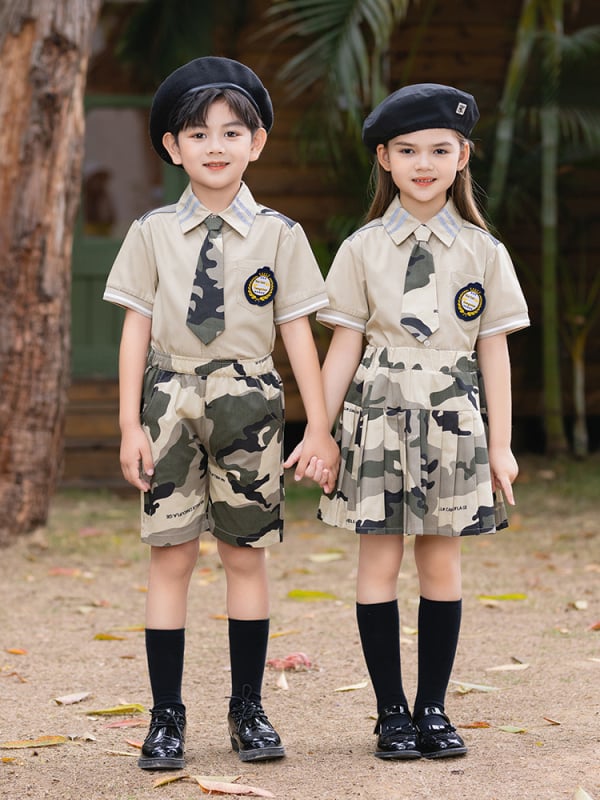 Set uniformă școlară pentru copii, camuflaj, tricou cu mânecă scurtă și pantaloni – două piese