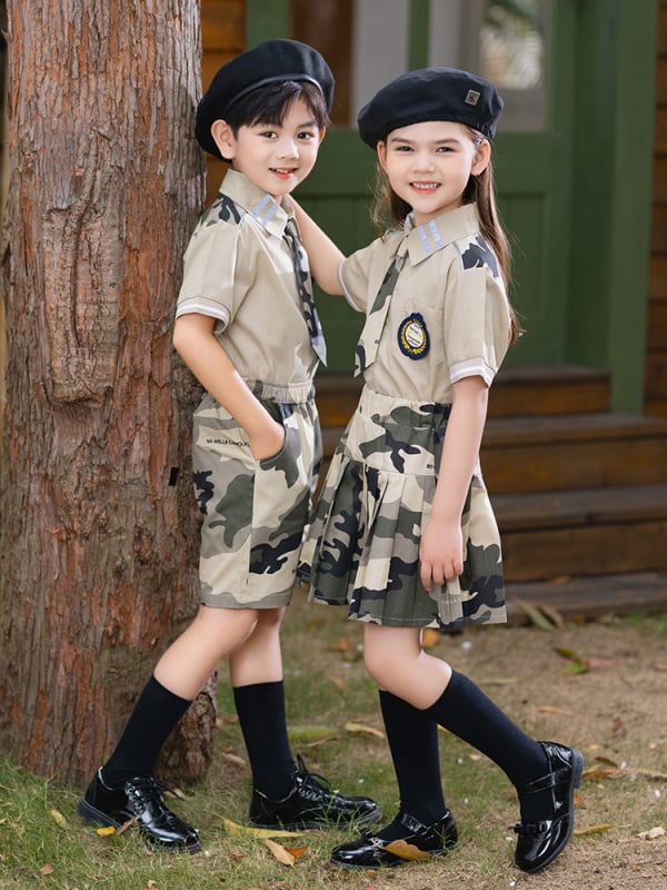 Set uniformă școlară pentru copii, camuflaj, tricou cu mânecă scurtă și pantaloni – două piese