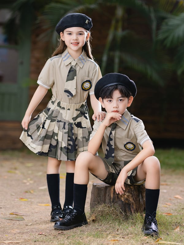 Set uniformă școlară pentru copii, camuflaj, tricou cu mânecă scurtă și pantaloni – două piese