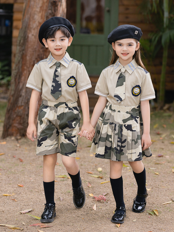 Set uniformă școlară pentru copii, camuflaj, tricou cu mânecă scurtă și pantaloni – două piese