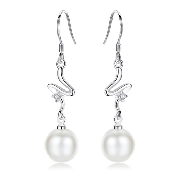 Cercei cu perle în formă de lacrimă, design floral, placate cu argint și zirconiu