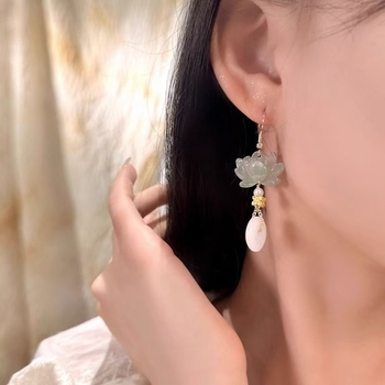Cercei lungi din lotus cu picătură de apă, stil nou chinezesc pentru femei, inspirat Hanfu