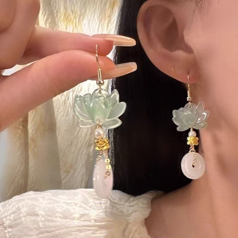 Cercei lungi din lotus cu picătură de apă, stil nou chinezesc pentru femei, inspirat Hanfu