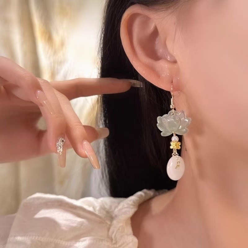 Cercei lungi din lotus cu picătură de apă, stil nou chinezesc pentru femei, inspirat Hanfu