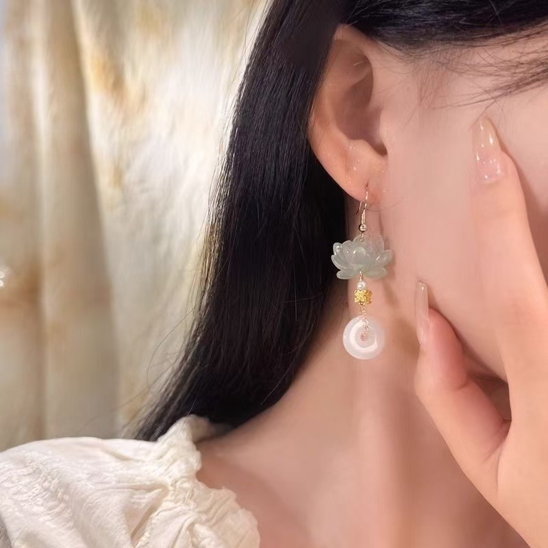Cercei lungi din lotus cu picătură de apă, stil nou chinezesc pentru femei, inspirat Hanfu