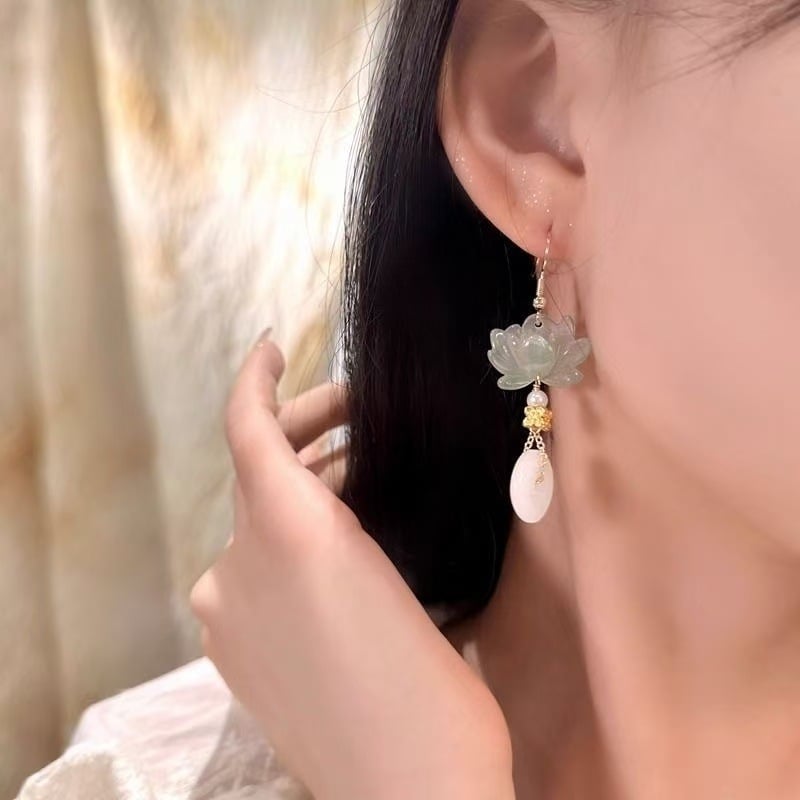 Cercei lungi din lotus cu picătură de apă, stil nou chinezesc pentru femei, inspirat Hanfu
