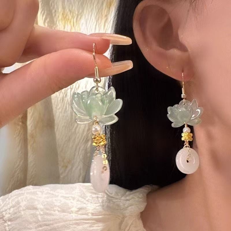 Cercei lungi din lotus cu picătură de apă, stil nou chinezesc pentru femei, inspirat Hanfu