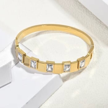 Brățară pentru femei din oțel inoxidabil, cu accente de diamante pătrate, finisaj auriu lucios