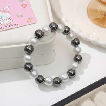 Brățară elastică cu mărgele alb-negru, piatră neagră, formă rombică, design geometric, unisex