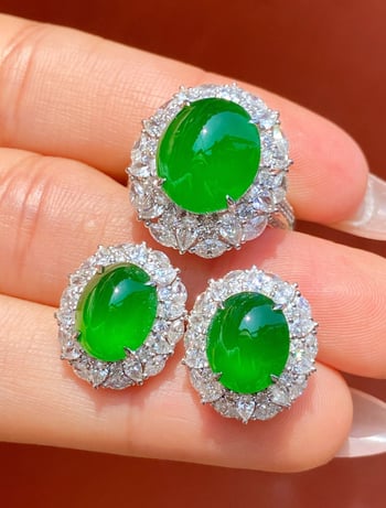 Set inel și cercei din jad în formă de ou, încrustat cu aur de 18k, jad verde imperial