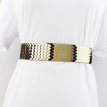 Centură elegantă pentru rochie cu talie elastică și ornamente metalice, stil coreean, centură lată
