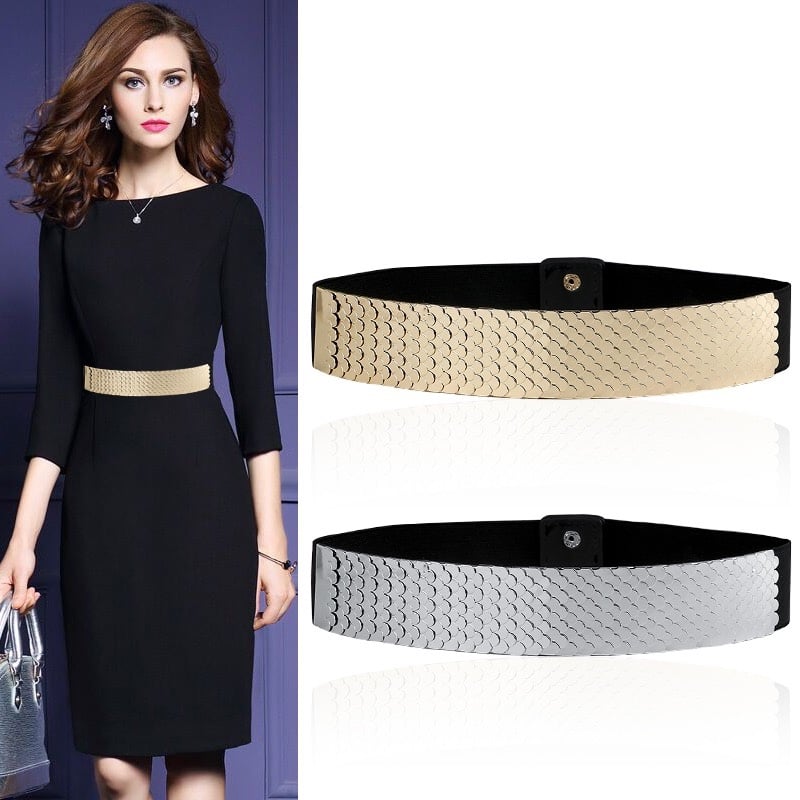 Centură elegantă pentru rochie cu talie elastică și ornamente metalice, stil coreean, centură lată