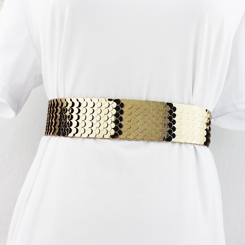 Centură elegantă pentru rochie cu talie elastică și ornamente metalice, stil coreean, centură lată