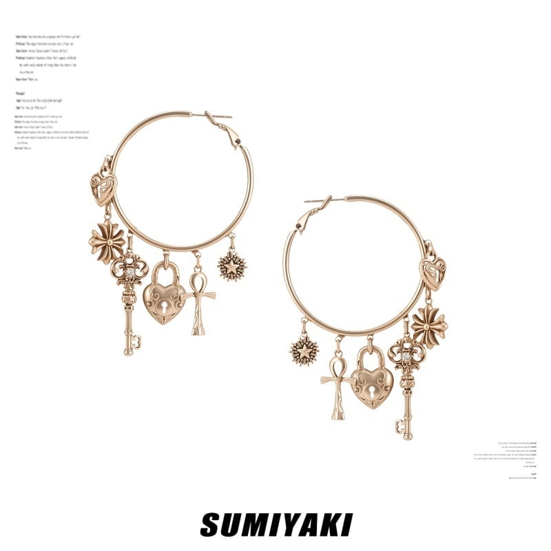 Sumiyaki Love Lock serija: naušnice U-oblik velikih obruča s motivom srca i ključa, za žene, retro stil