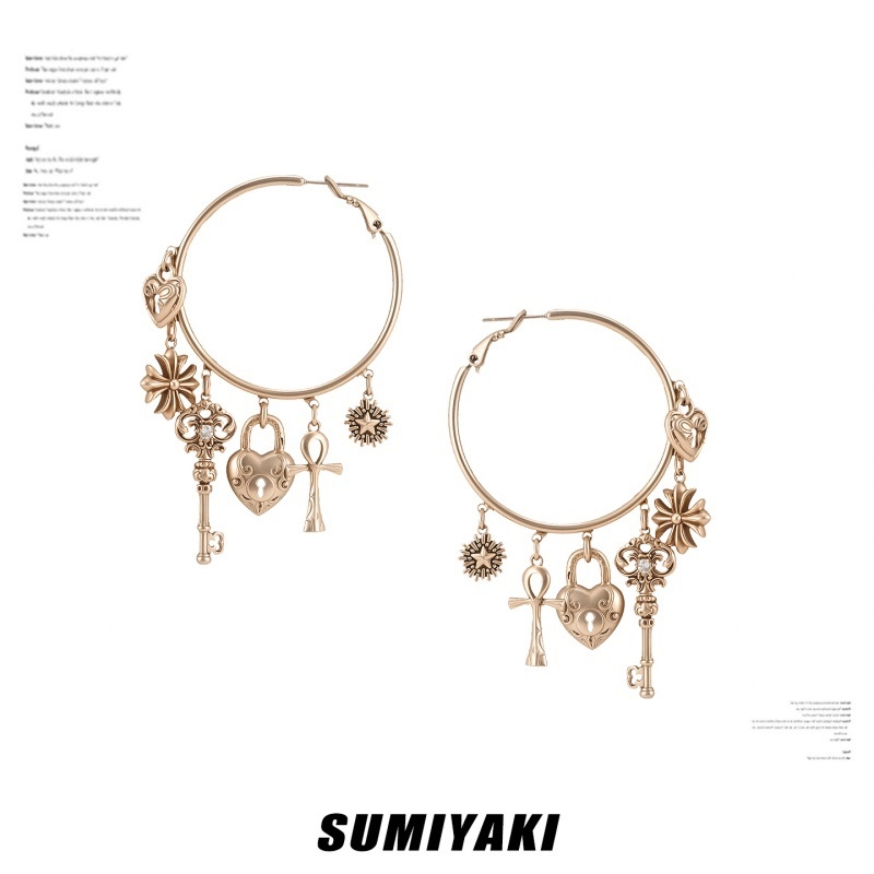 Sumiyaki Love Lock serija: naušnice U-oblik velikih obruča s motivom srca i ključa, za žene, retro stil