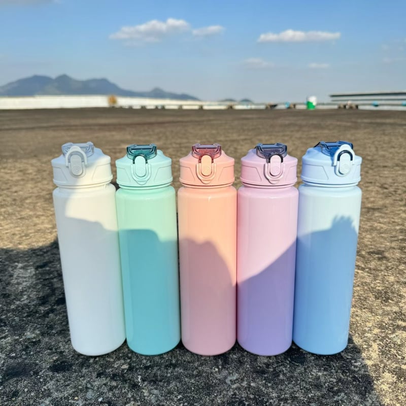 Sticlă de apă Muji-stil, cu capacitate mare, cu pai, vas din plastic colorat pentru sport, portabil