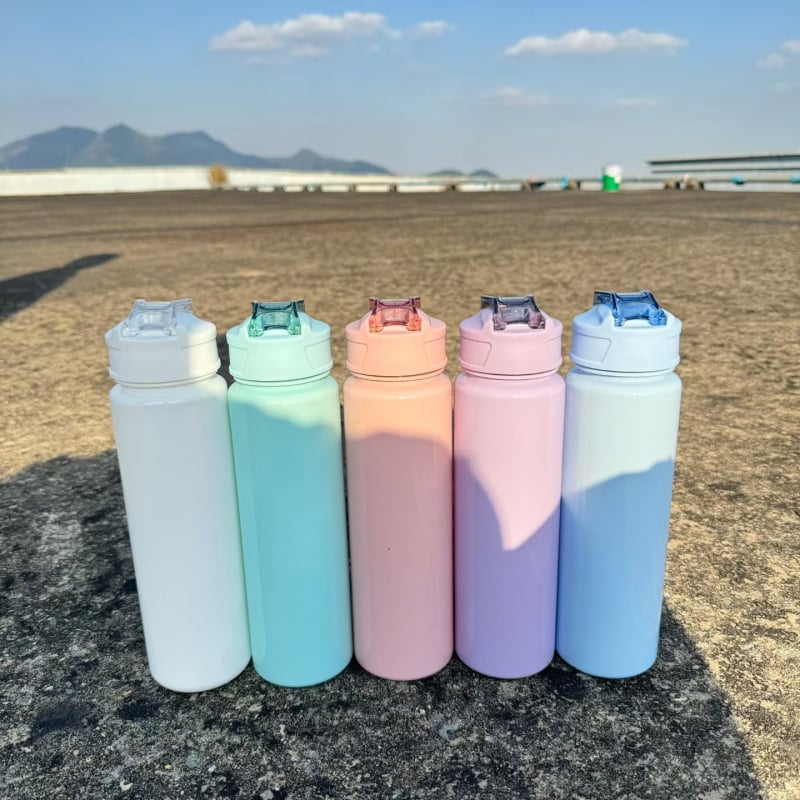 Sticlă de apă Muji-stil, cu capacitate mare, cu pai, vas din plastic colorat pentru sport, portabil