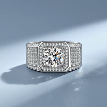 Inel de bărbați din argint 925 cu moissanite micro-setate, aspect de diamant complet, inel de logodnă pentru bărbați cu accente portocalii