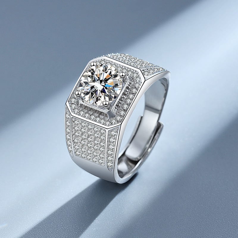 Inel de bărbați din argint 925 cu moissanite micro-setate, aspect de diamant complet, inel de logodnă pentru bărbați cu accente portocalii