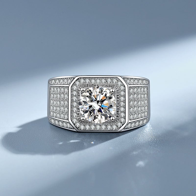 Inel de bărbați din argint 925 cu moissanite micro-setate, aspect de diamant complet, inel de logodnă pentru bărbați cu accente portocalii