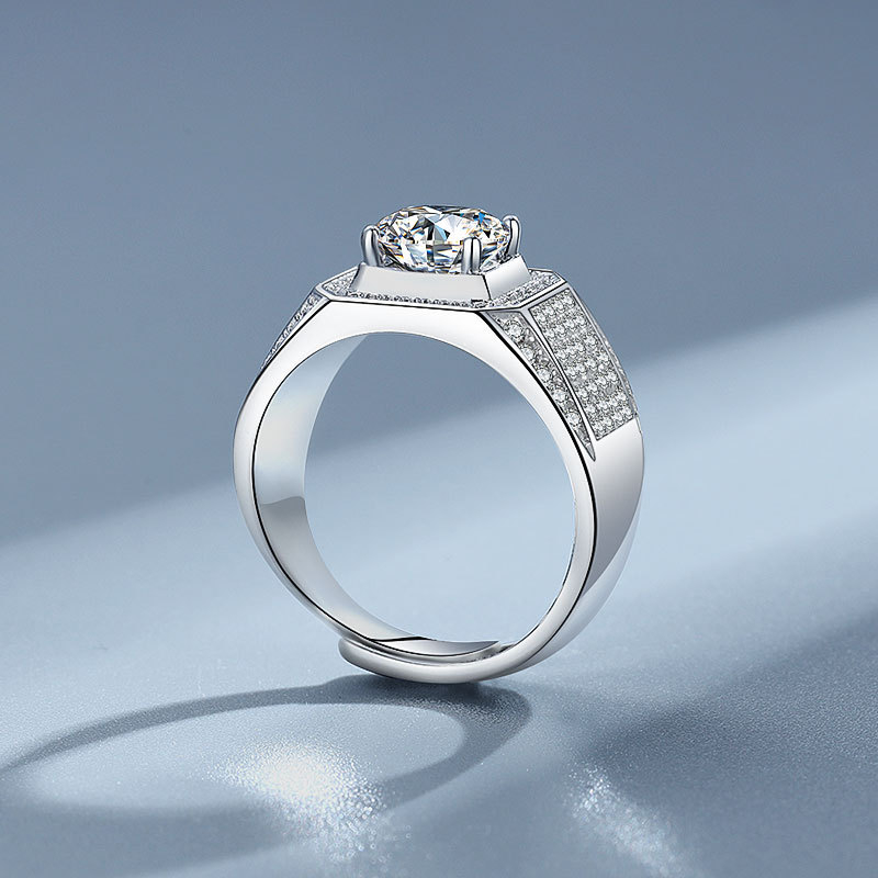 Inel de bărbați din argint 925 cu moissanite micro-setate, aspect de diamant complet, inel de logodnă pentru bărbați cu accente portocalii