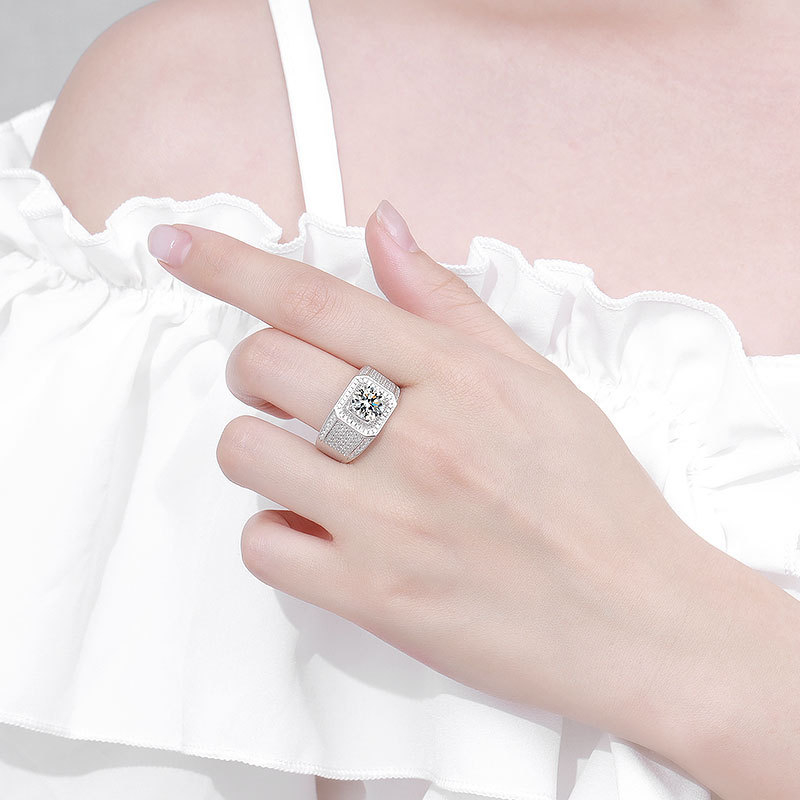Inel de bărbați din argint 925 cu moissanite micro-setate, aspect de diamant complet, inel de logodnă pentru bărbați cu accente portocalii