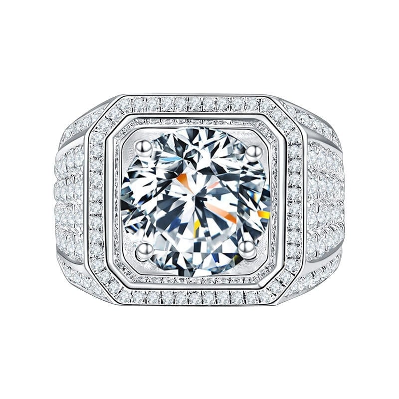 Inel de bărbați din argint 925 cu moissanite micro-setate, aspect de diamant complet, inel de logodnă pentru bărbați cu accente portocalii