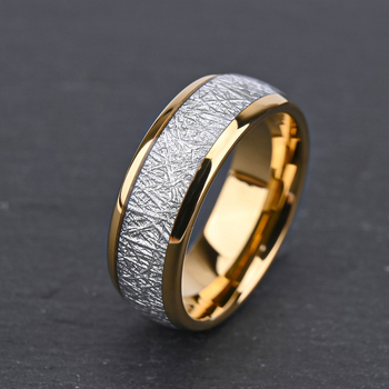 Inel din tungsten cu încrustație de meteorit și fir de argint, inel de nuntă unisex minimalist, stil european-american