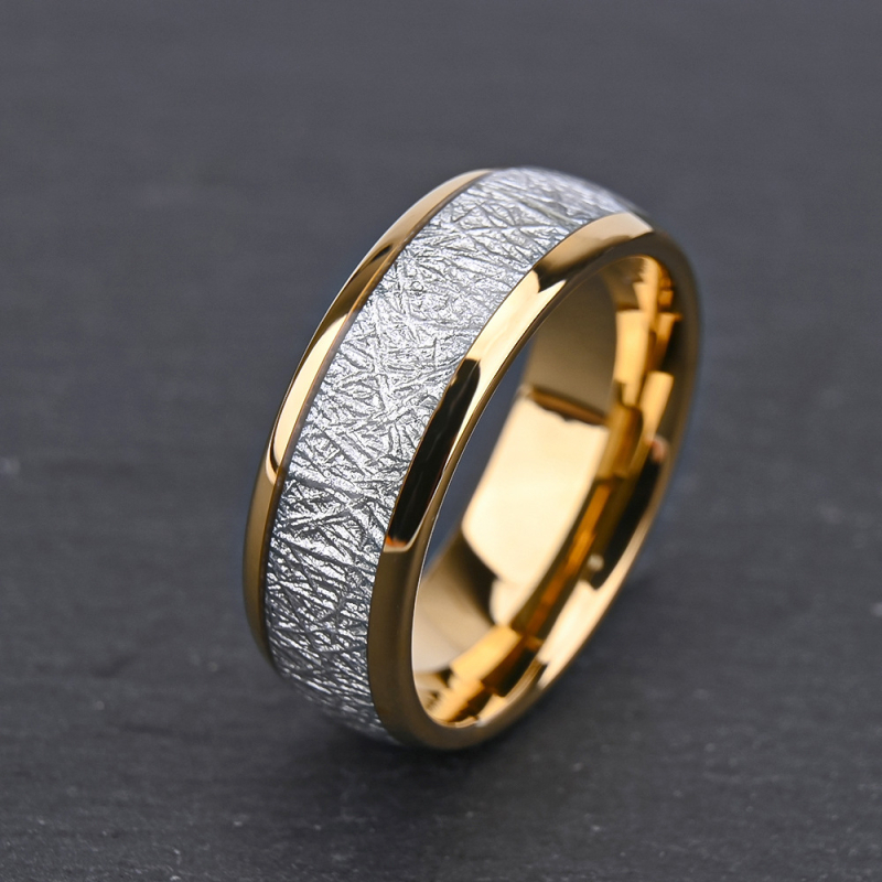 Inel din tungsten cu încrustație de meteorit și fir de argint, inel de nuntă unisex minimalist, stil european-american