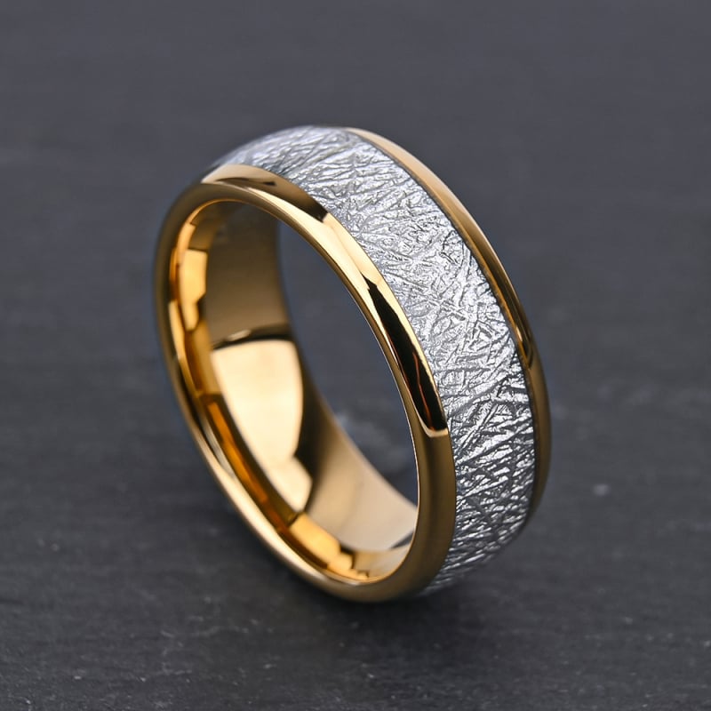 Inel din tungsten cu încrustație de meteorit și fir de argint, inel de nuntă unisex minimalist, stil european-american