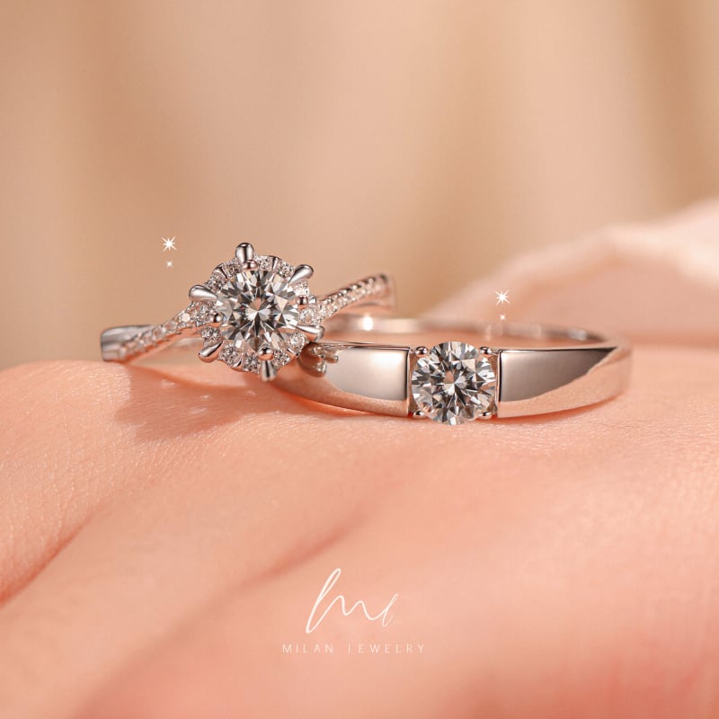 Inel cuplu Star Weave – Moissanit 0.5 ct, Argint Sterling 925, Stil clasic, Set de logodnă și nuntă
