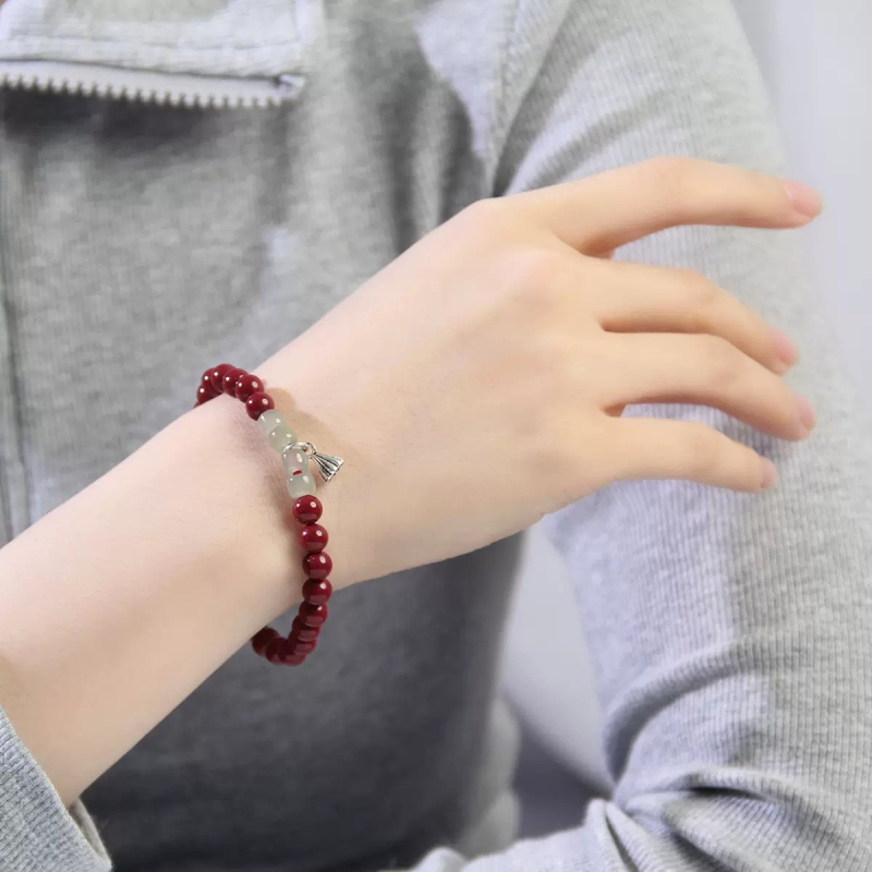 Unisex narukvica od cinnabara s Hetian Jade – vintage stil, ljubičasti cinnabar, sreća u znaku za parove