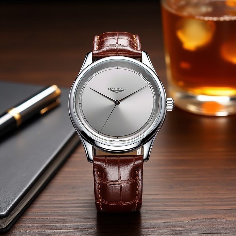 Binlihuan Ceas de bărbați impermeabil, stil casual, mișcare quartz, cadran de 41 mm, carcasă din aliaj, curea din piele sintetică