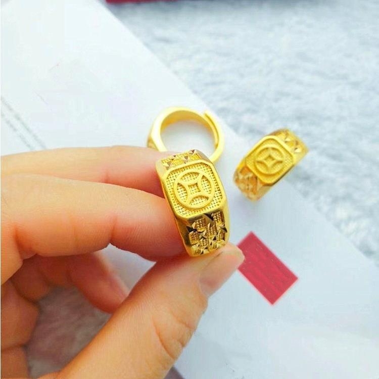 Inel masculin din alamă placat cu aur, motif monedă, formă pătrată, deschis
