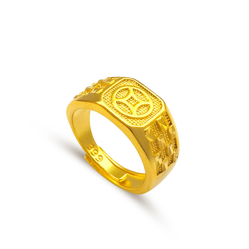 Inel masculin din alamă placat cu aur, motif monedă, formă pătrată, deschis