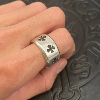 Inel lat cu cruce și floare, Argint thailandez antic, design retro, bijuterie unisex