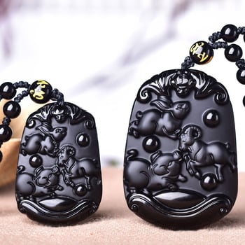 Pandantiv zodiac trei în unu din obsidian natural negru mat pentru bărbați și femei Rat Dragon Monkey