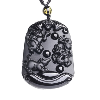 Pandantiv zodiac trei în unu din obsidian natural negru mat pentru bărbați și femei Rat Dragon Monkey