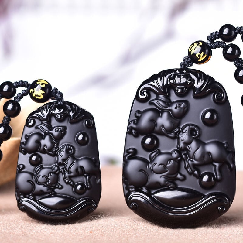 Pandantiv zodiac trei în unu din obsidian natural negru mat pentru bărbați și femei Rat Dragon Monkey