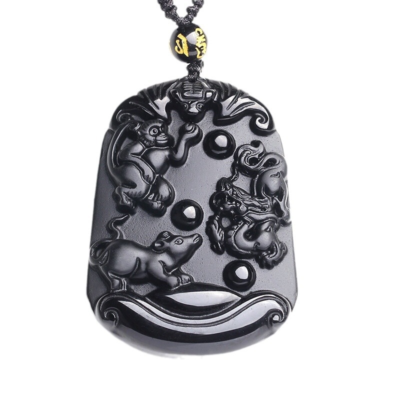 Pandantiv zodiac trei în unu din obsidian natural negru mat pentru bărbați și femei Rat Dragon Monkey