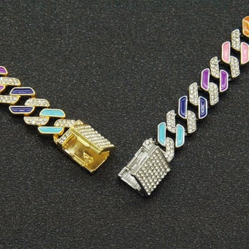 Colier Cuban pentru bărbați, personalizat, cu pietre colorate în pavé, diamante complete, finisaj cu picurare de ulei, stil hip-hop